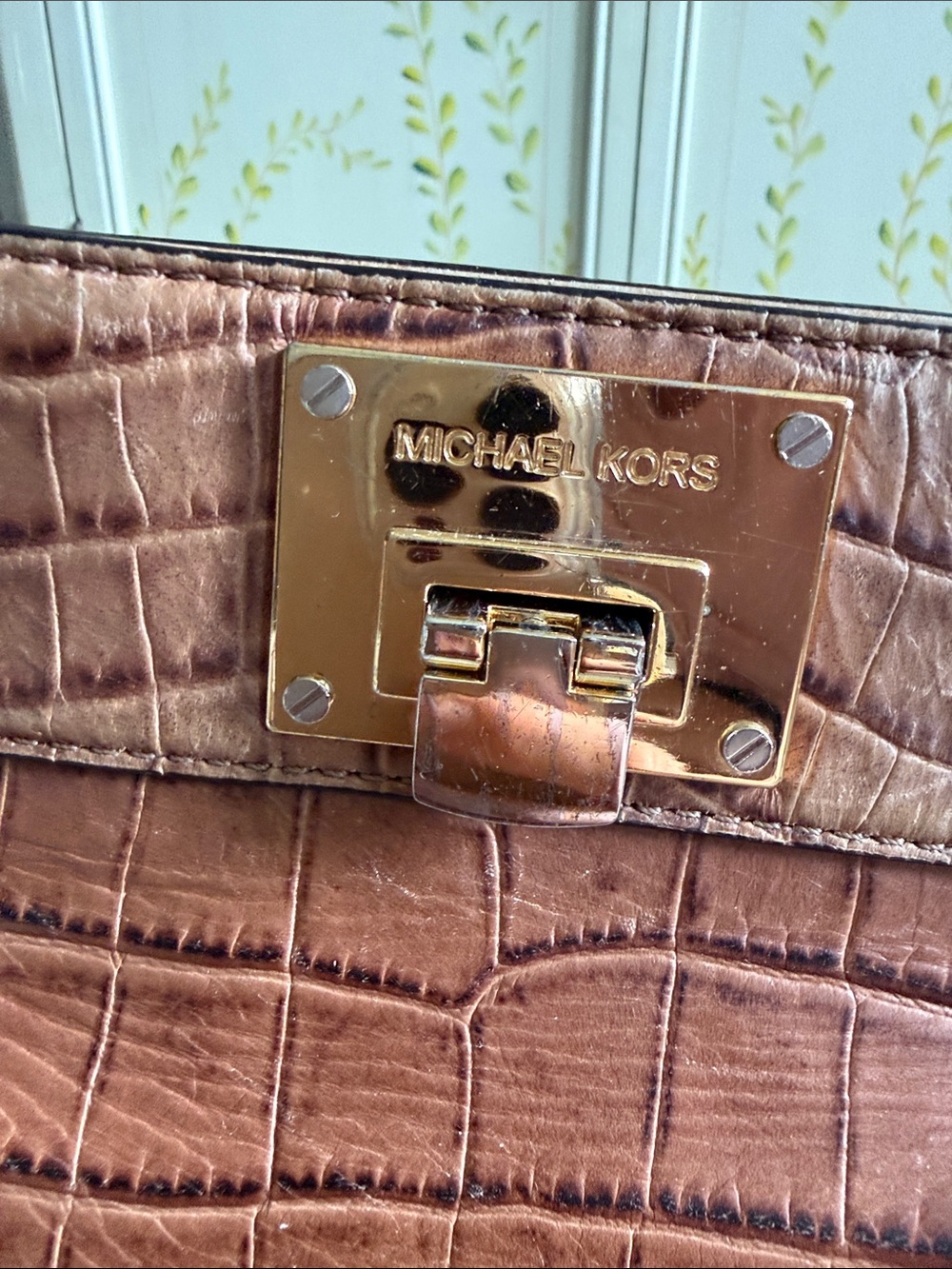 Michael Kors Croc-Embossed Brown Leather Satchel with Gold Hardware - Picture 2 of 7
